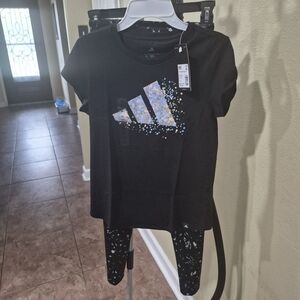 Adidas Kids Black Graphic T-Shirt & Leggings Size M
